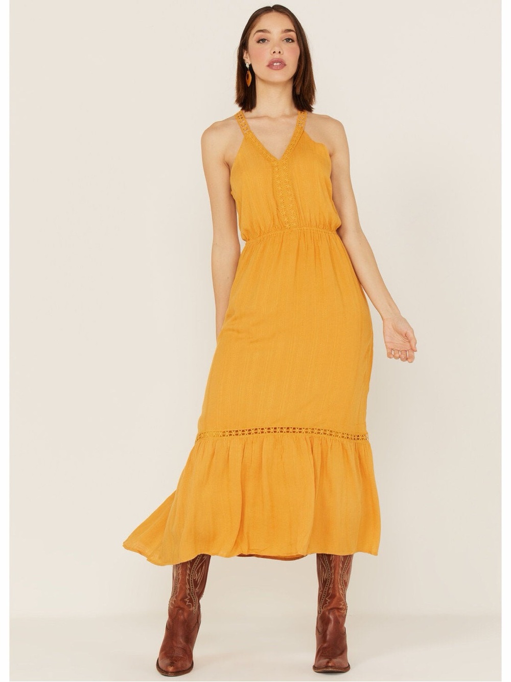MOLLY BRACKEN MUSTARD YELLOW LACE TRIM MIDI DRESS